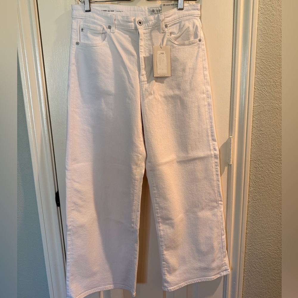 AG Adriano Goldschmied Saige, White Wide-Leg Cropped Jeans